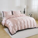 Pink Satin Duvet Cover Set Extra Comfy Silky Bedding Set Black Fringe Elegant De... - Image 4