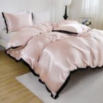 Pink Satin Duvet Cover Set Extra Comfy Silky Bedding Set Black Fringe Elegant De... - Image 5
