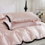 Pink Satin Duvet Cover Set Extra Comfy Silky Bedding Set Black Fringe Elegant De... - Image 6