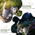 Solar Garden Statue Cat Figurine, Resin Solar Lights with Flower Decor for Outsi... - Image 3