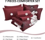 Luxudecor 7 Pieces Queen Size Comforter Set, Burgundy Floral Bed in a Bag Comfor... - Image 8