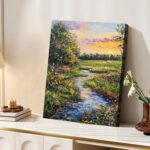 Framed Impressionist Landscape Wall Art Canvas Oil Painting Stream and Wildflowe... - Image 5