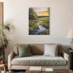 Framed Impressionist Landscape Wall Art Canvas Oil Painting Stream and Wildflowe... - Image 6