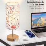 Bedside Touch Lamp, Wood Small Table lamp with 2 USB Charging Ports & Flower Fab... - Image 5