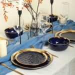 Stone Lain Porcelain 16 Piece Dinnerware Set, Service for 4, Blue and Golden Rim... - Image 5