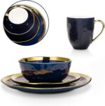Stone Lain Porcelain 16 Piece Dinnerware Set, Service for 4, Blue and Golden Rim... - Image 9