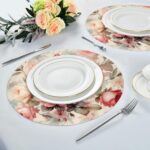 Round Placemats 14 Inch Set of 4 Vintage Roses Premium Linen Non Slip & Heat Res... - Image 4