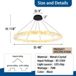 48" Black K9 Crystal Ring Chandelier, Modern Integrated LED Dimmable Ceiling Pen... - Image 4