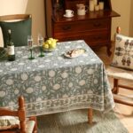 ISAENNE Designer Grayish Green Linen Small Tablecloth Rectangular,Floral Stain R... - Image 7