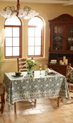 ISAENNE Designer Grayish Green Linen Small Tablecloth Rectangular,Floral Stain R... - Image 8