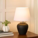 Nourison Home 20" Black Matte Ceramic Table Lamp with Fabric Shade, Bedside Nigh... - Image 3