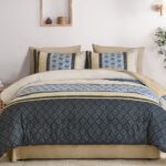 Cottolester Boho Comforter Set Queen Size,Khaki Blue Striped Bed in a Bag,Plaid ... - Image 3