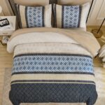 Cottolester Boho Comforter Set Queen Size,Khaki Blue Striped Bed in a Bag,Plaid ... - Image 4