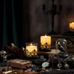 Vintage Gothic Glass Hurricane Candle Holders, Black Metal Base with Gold Accent... - Image 7