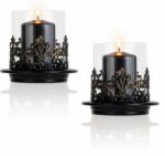 Vintage Gothic Glass Hurricane Candle Holders, Black Metal Base with Gold Accent... - Image 9