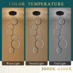 6 Rings Modern LED Chandelier for High Ceiling Dimmable Black Contemporary Penda... - Image 3