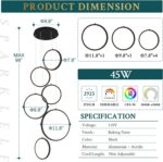 6 Rings Modern LED Chandelier for High Ceiling Dimmable Black Contemporary Penda... - Image 4