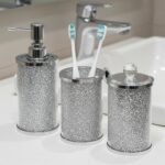 Escenzy Crushed Diamond Glass Bathroom Accessories Set 3 Pcs | Silver Crystal So... - Image 5
