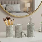 Escenzy Crushed Diamond Glass Bathroom Accessories Set 3 Pcs | Silver Crystal So... - Image 7