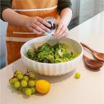 12-Inch Large Ceramic Salad Bowl Set with Wooden Servers, Decorative Serving Bow... - Image 4