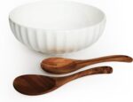 12-Inch Large Ceramic Salad Bowl Set with Wooden Servers, Decorative Serving Bow... - Image 6