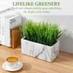 MyGift 10 Inch Artificial Green Grass Plant in Rectangular White Marble Pattern ... - Image 3