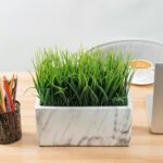 MyGift 10 Inch Artificial Green Grass Plant in Rectangular White Marble Pattern ... - Image 5