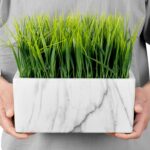 MyGift 10 Inch Artificial Green Grass Plant in Rectangular White Marble Pattern ... - Image 7