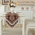 Brown Table Runner Floral Jacquard Damask Dining Table Runner with Multi-Tassels... - Image 3