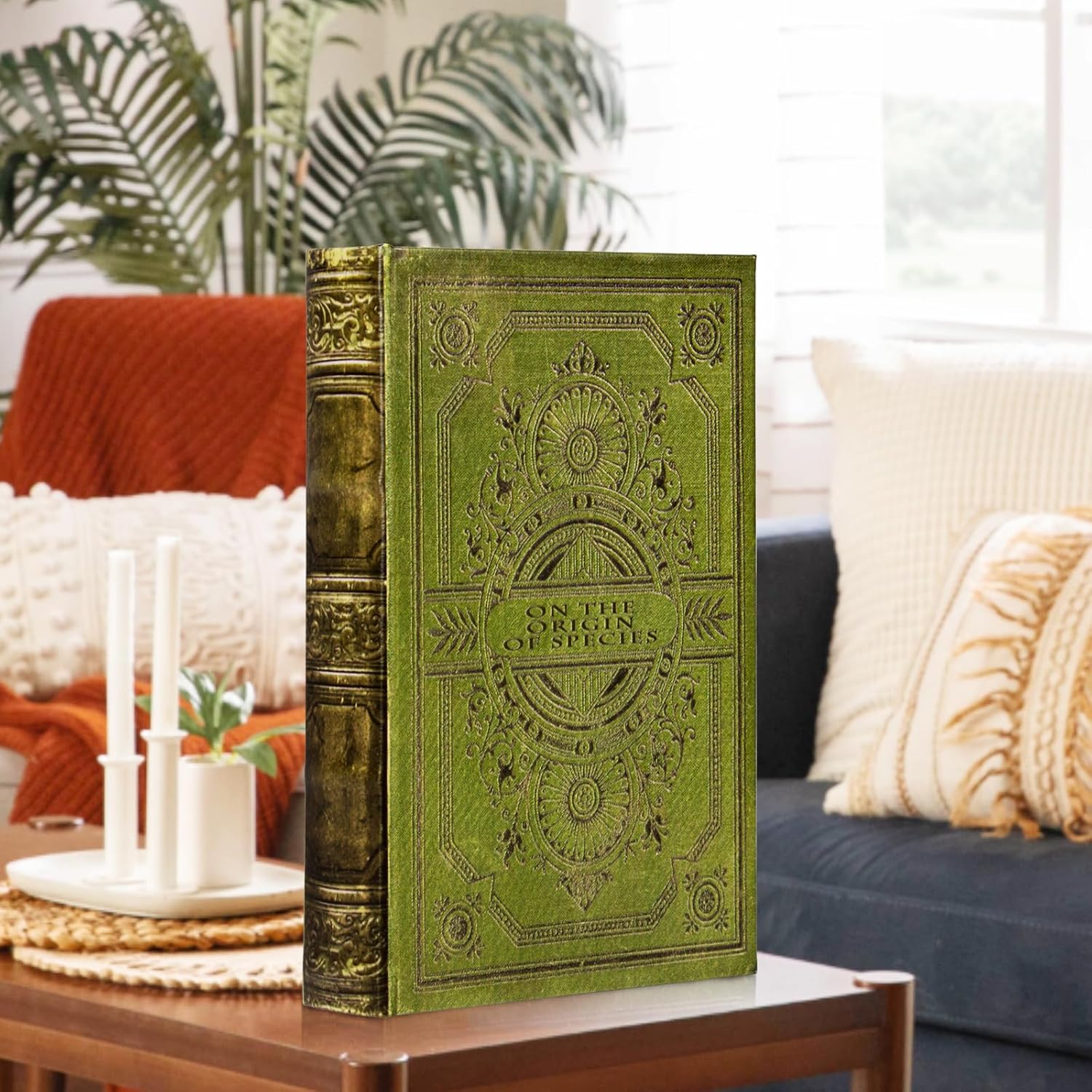Vintage Style Olive Green Faux Leather Embossed Book Box - Decorative Storage Bo... - Image 5