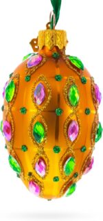 Golden Amber with Pink & Green Jewel Accents Mini Glass Egg Ornament 2.9 Inches - Image 4
