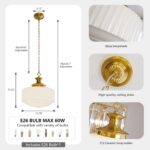 Vintage Brass Milk Glass Pendant Light Fixture, 13.8" White Pleated Glass Chande... - Image 8
