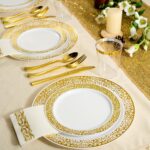 FOCUSLINE 175 Ct Gold Dinnerware Set for 25 Guests, Plastic Plates with Gold Lac... - Image 6