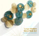Large 3D Metal Wall Art, 50"L x 26"W Modern Blue & Gold Lotus Leaf Wall Sculptur... - Image 3