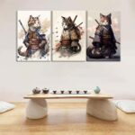 3Pcs Framed Japanese Samurai Cats Wall Art Vintage Cool Cat Posters Prints Funny... - Image 3