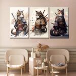3Pcs Framed Japanese Samurai Cats Wall Art Vintage Cool Cat Posters Prints Funny... - Image 6
