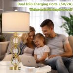 Set of 2 Modern Gold Table Lamps with 2 USB Charging Ports, 27“ Tall Crystal Bed... - Image 3