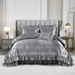 Grey Satin Queen Comforter Set with Sheets,Silk Like Satin Ruffle Duvet Set,Silk... - Image 3