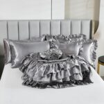 Grey Satin Queen Comforter Set with Sheets,Silk Like Satin Ruffle Duvet Set,Silk... - Image 4