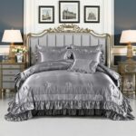 Grey Satin Queen Comforter Set with Sheets,Silk Like Satin Ruffle Duvet Set,Silk... - Image 5