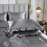 Grey Satin Queen Comforter Set with Sheets,Silk Like Satin Ruffle Duvet Set,Silk... - Image 6