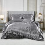 Grey Satin Queen Comforter Set with Sheets,Silk Like Satin Ruffle Duvet Set,Silk... - Image 9