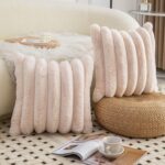 Neelvin Beige Faux Fur Cozy Soft Striped Decorative Throw Pillow Covers 18x18 in... - Image 4