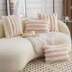Neelvin Beige Faux Fur Cozy Soft Striped Decorative Throw Pillow Covers 18x18 in... - Image 5