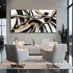 Kureful White Abstract Canvas Wall Art Gold Modern Artwork Black Line Prints Tex... - Image 3