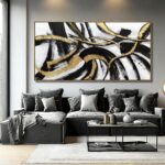 Kureful White Abstract Canvas Wall Art Gold Modern Artwork Black Line Prints Tex... - Image 5