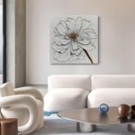 Diathou Art 24x24 inches Hand-painted golden texture white flower oil painting. ... - Image 7