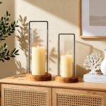 Houmury Set of 2 Hurricane Candle Holders Lantern 12” & 10”with Wood Base Metal ... - Image 3
