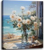 Bathroom Decor Blue Beach Wall Art Flowers Ocean Theme Picture Canvas Print Mode... - Image 5