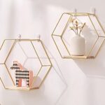 Gold Floating Wall Shelves Set of 3,Metal Hexagon Shelving Geometric Wall Mounte... - Image 3
